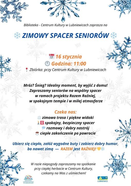 Przed nami kolejny spacer z seniorami. Już w ten piątek zabieramy Was na zimową wyprawę po naszej pięknej okolicy. Powiadomcie znajomych, rodzinę i wybierzcie się razem z nami .